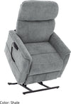 Pride Genesis power lift recliner in light grey fabric, raised to stand