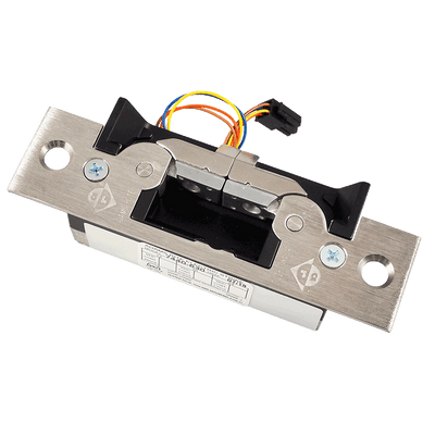 Adams Rite 7440 electric strike with a brushed stainless faceplate and a short wiring lead ending in a connector