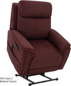 Pride Evolution power lift recliner in burgundy fabric, raised to stand