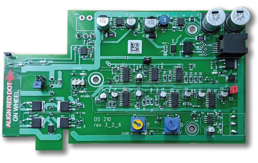 Green circuit board marked OS 210, with an orange alignment tag along its left edge