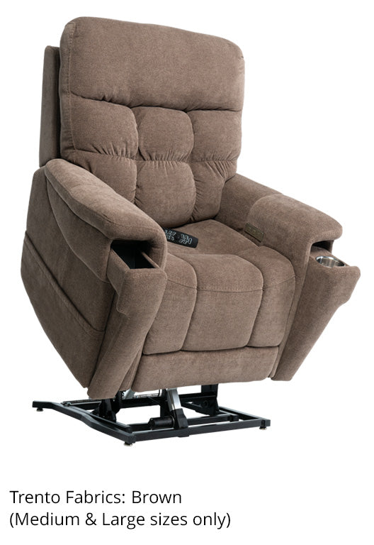 Pride VivaLift! Ultra power lift recliner in brown fabric with side cup holders, raised to stand